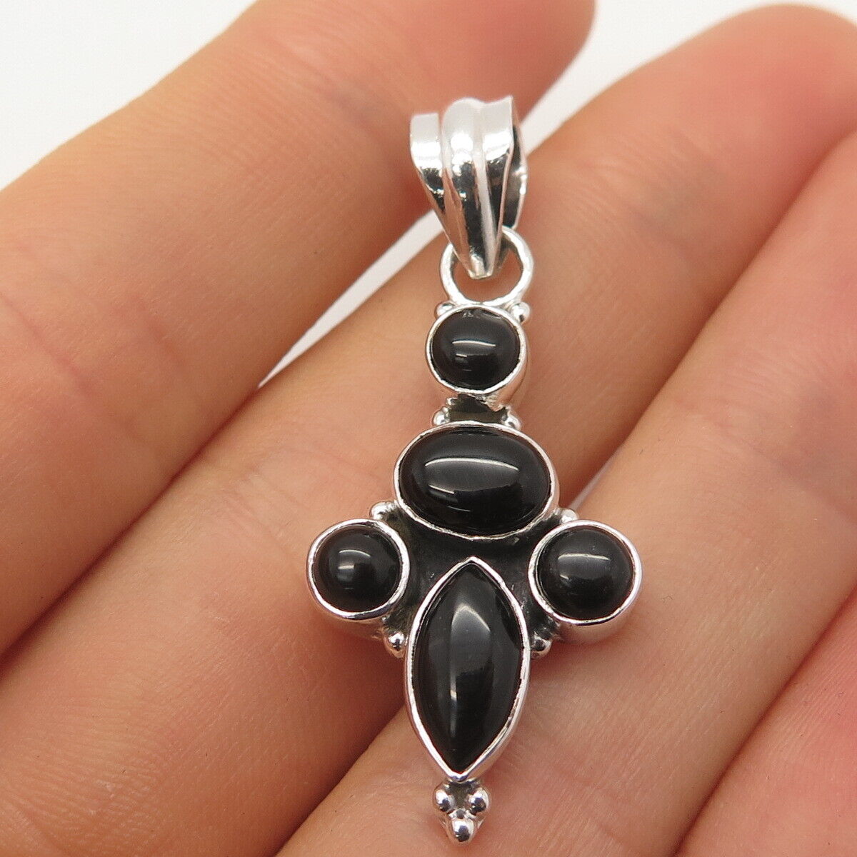 925 Sterling Silver Vintage Real Black Onyx Gem Oval Gemstone Pendant