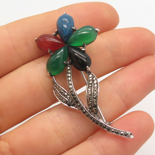 925 Sterling Silver Vintage Lapis Lazuli Carnelian Onyx Marcasite Gem Brooch