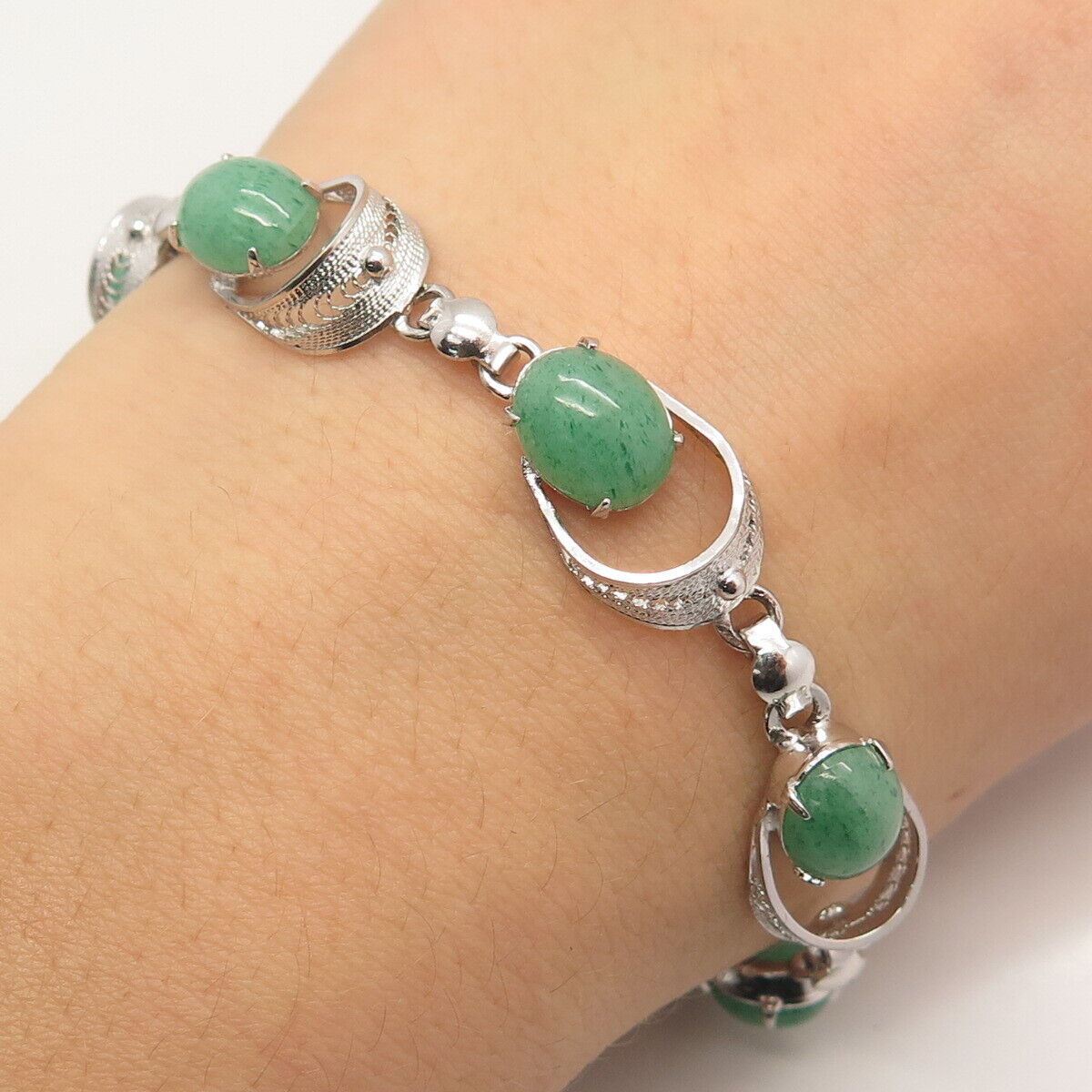 925 Sterling Silver Vintage Real Aventurine Gem Oval Link Bracelet 7"