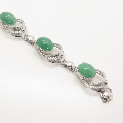 925 Sterling Silver Vintage Real Aventurine Gem Oval Link Bracelet 7"