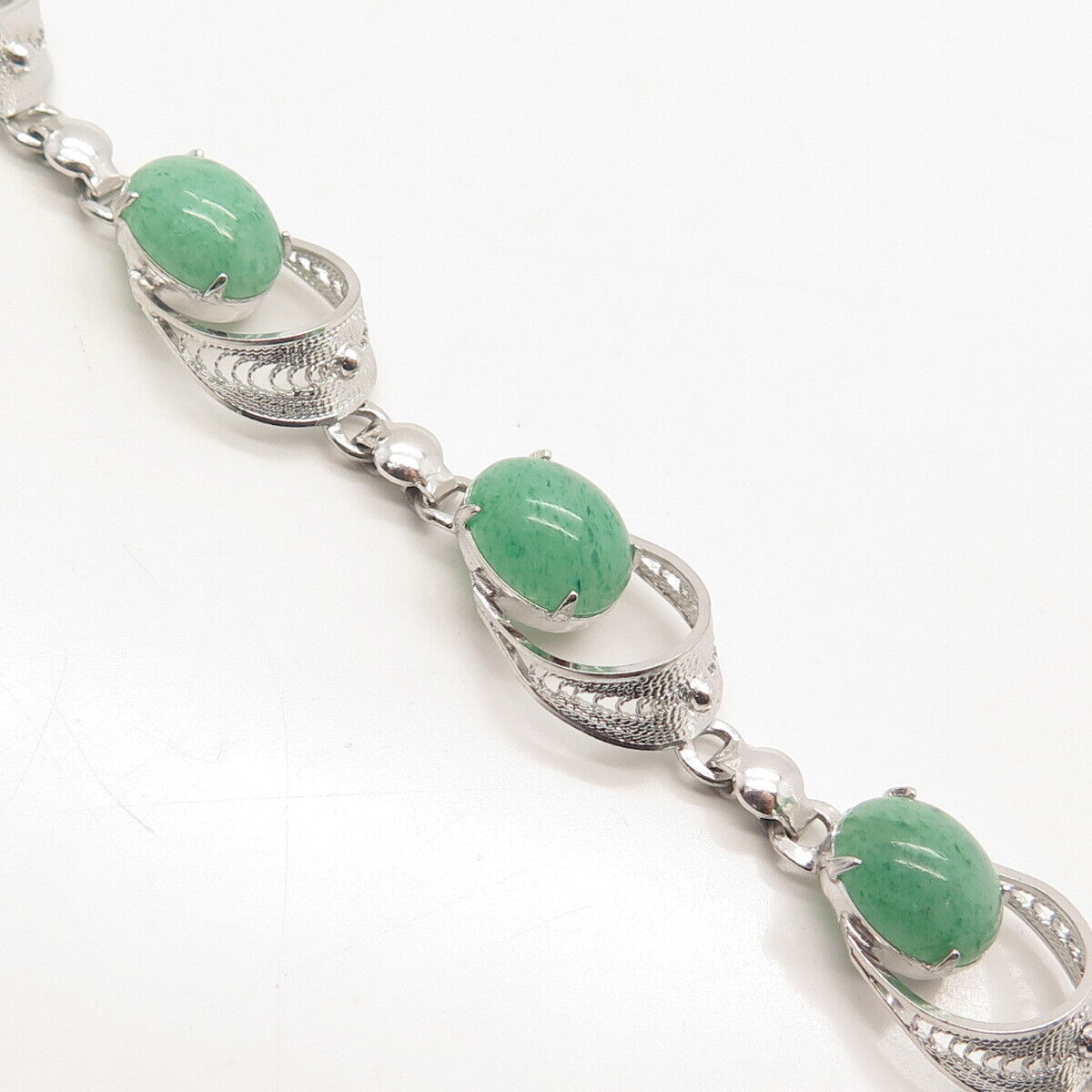 925 Sterling Silver Vintage Real Aventurine Gem Oval Link Bracelet 7"