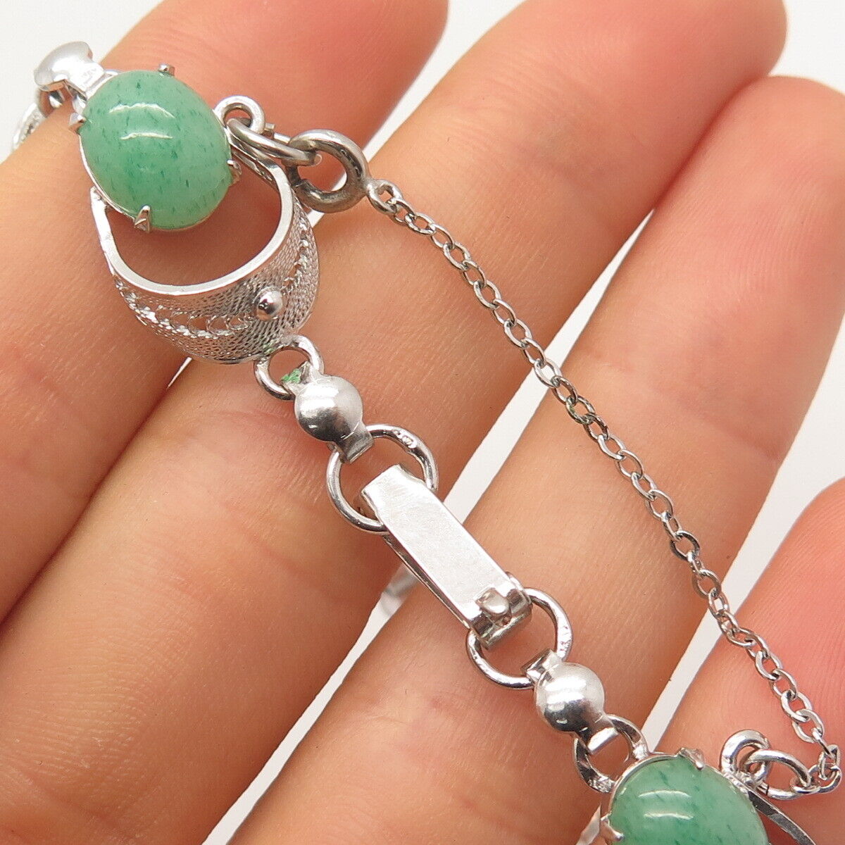 925 Sterling Silver Vintage Real Aventurine Gem Oval Link Bracelet 7"