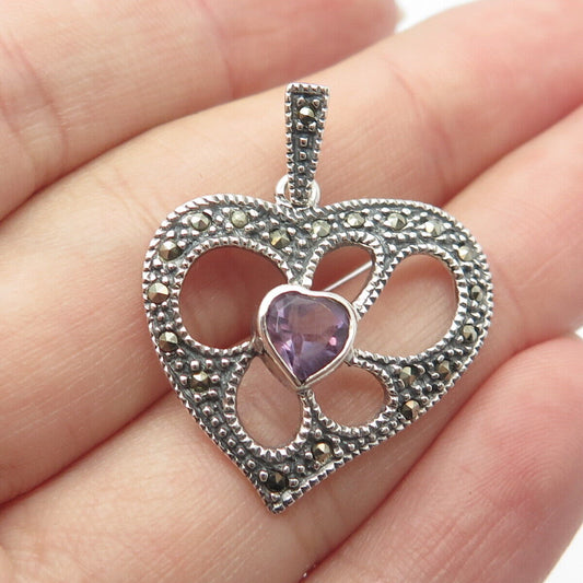 925 Sterling Silver Vintage Real Amethyst & Marcasite Gemstone Heart Pendant