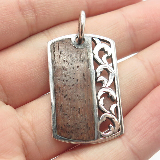 925 Sterling Silver Vintage Wood Ornate Pendant