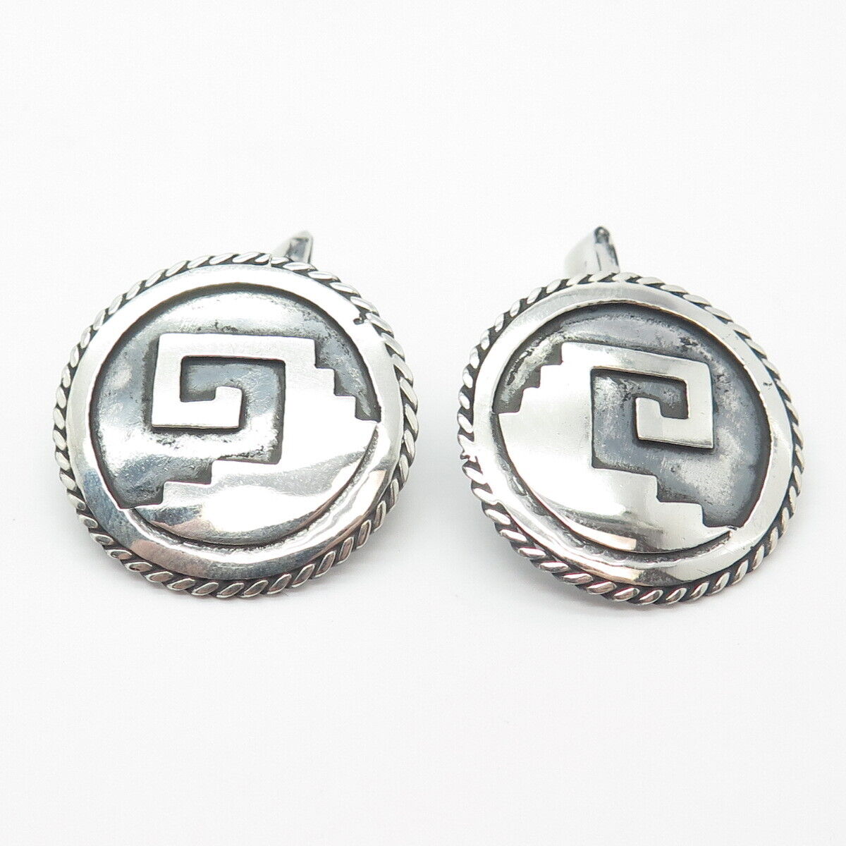 925 Sterling Silver Vintage Greek Maze Round Cufflinks