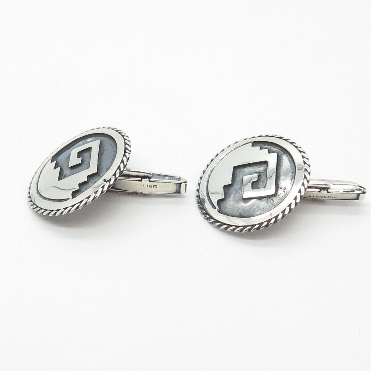 925 Sterling Silver Vintage Greek Maze Round Cufflinks