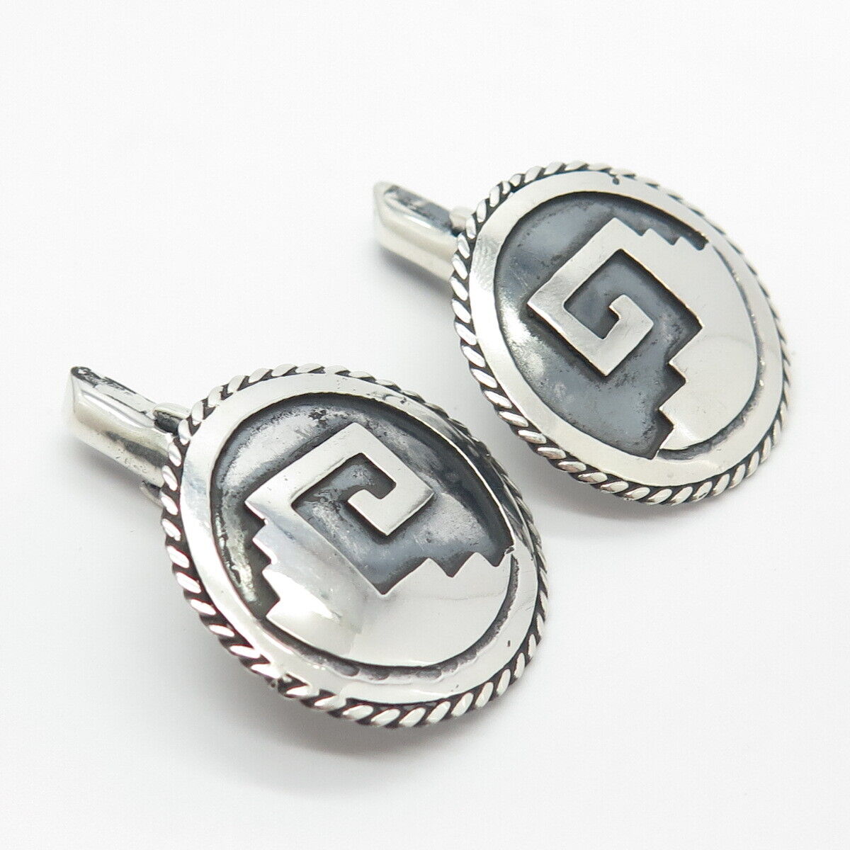 925 Sterling Silver Vintage Greek Maze Round Cufflinks