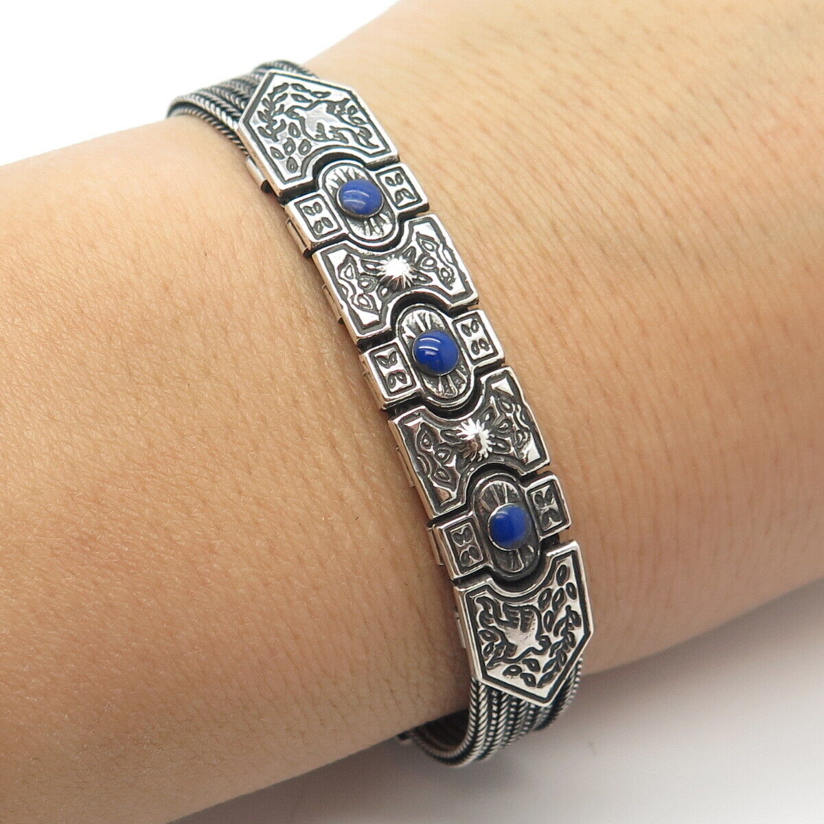 925 Sterling Silver Vintage Lapis Lazuli Gem Ethnic Foxtail Link Bracelet 7"