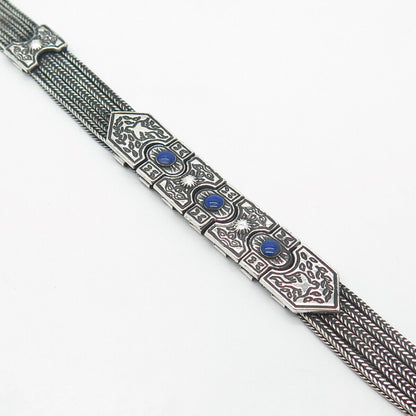 925 Sterling Silver Vintage Lapis Lazuli Gem Ethnic Foxtail Link Bracelet 7"