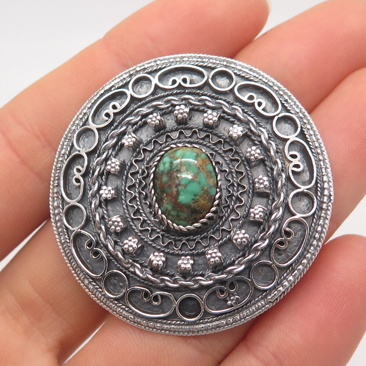 935 Silver Vintage Israel Real Royston Turquoise Gem Ethnic Round Pin Brooch