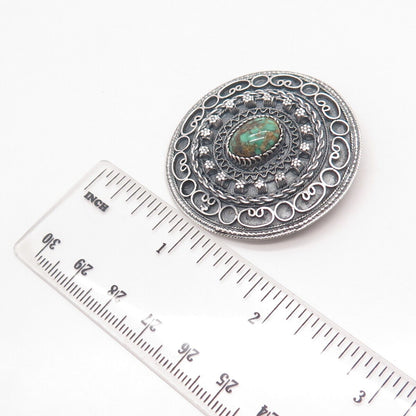 935 Silver Vintage Israel Real Royston Turquoise Gem Ethnic Round Pin Brooch