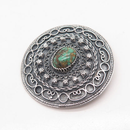 935 Silver Vintage Israel Real Royston Turquoise Gem Ethnic Round Pin Brooch