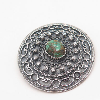 935 Silver Vintage Israel Real Royston Turquoise Gem Ethnic Round Pin Brooch