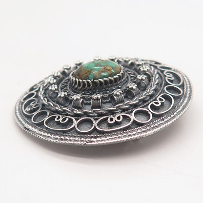 935 Silver Vintage Israel Real Royston Turquoise Gem Ethnic Round Pin Brooch