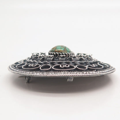 935 Silver Vintage Israel Real Royston Turquoise Gem Ethnic Round Pin Brooch