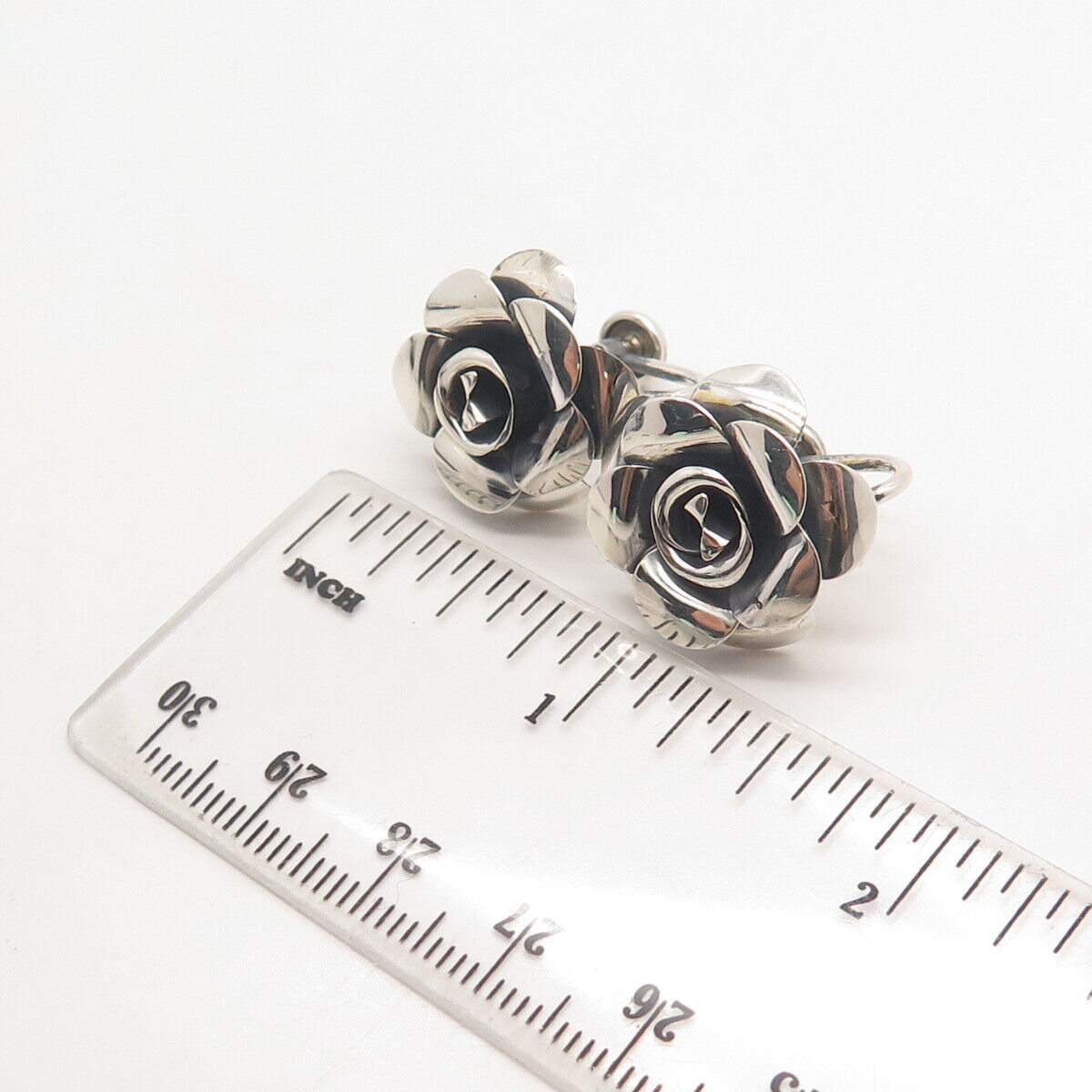 925 Sterling Silver Vintage BEAU Rose Floral Screw Back Earrings