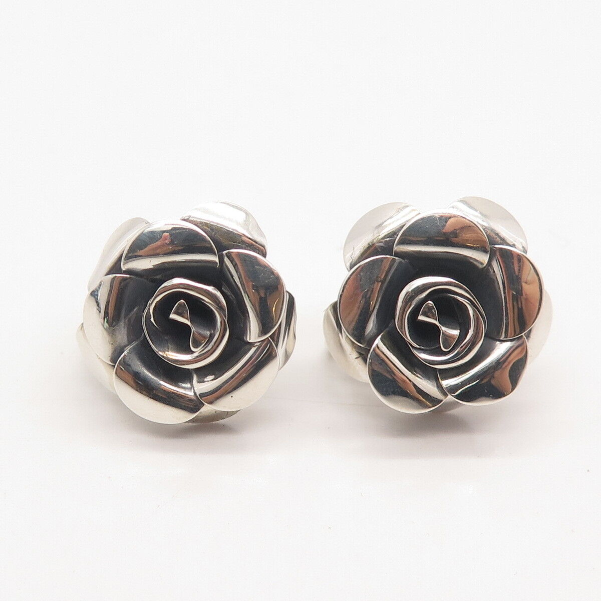 925 Sterling Silver Vintage BEAU Rose Floral Screw Back Earrings