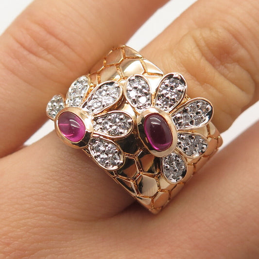 925 Sterling Silver Gold Plated Lab-Created Pink Sapphire & C Z Ring Size 7.5