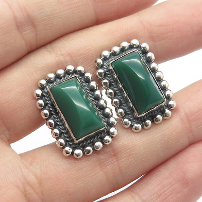 925 Sterling Silver Vintage Mexico Green Onyx Gem Beaded Screw Back Earrings