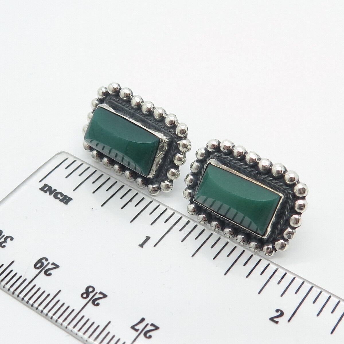 925 Sterling Silver Vintage Mexico Green Onyx Gem Beaded Screw Back Earrings