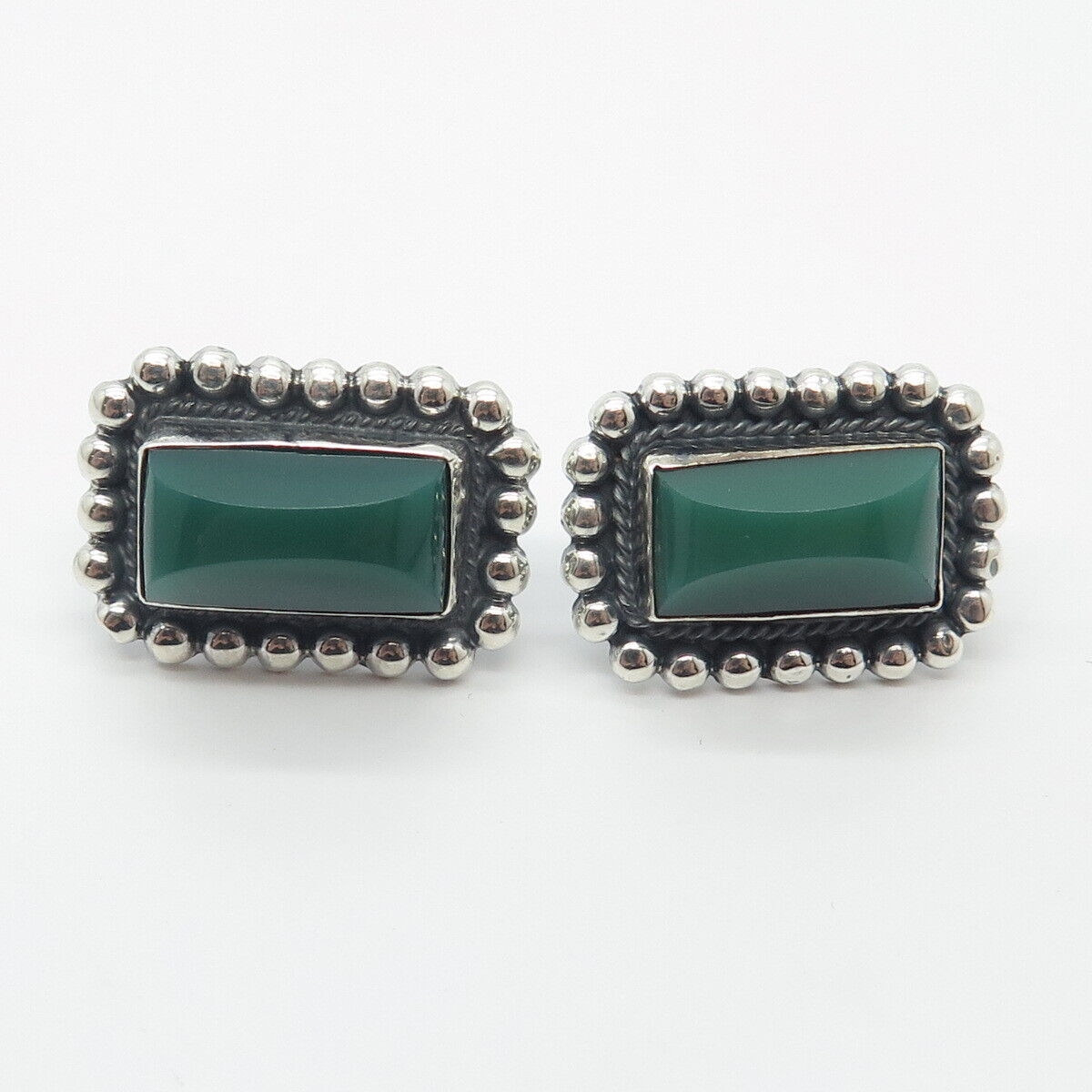 925 Sterling Silver Vintage Mexico Green Onyx Gem Beaded Screw Back Earrings