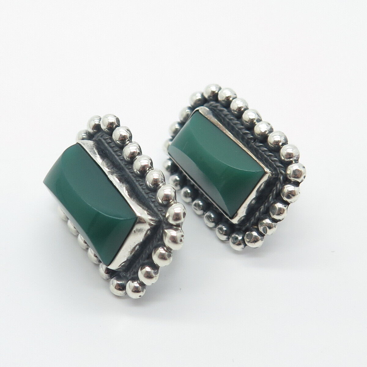 925 Sterling Silver Vintage Mexico Green Onyx Gem Beaded Screw Back Earrings