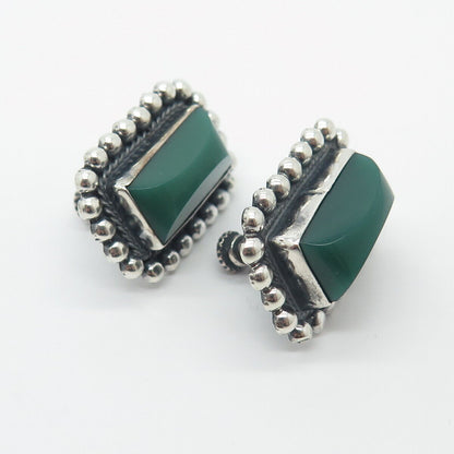 925 Sterling Silver Vintage Mexico Green Onyx Gem Beaded Screw Back Earrings