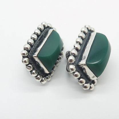 925 Sterling Silver Vintage Mexico Green Onyx Gem Beaded Screw Back Earrings