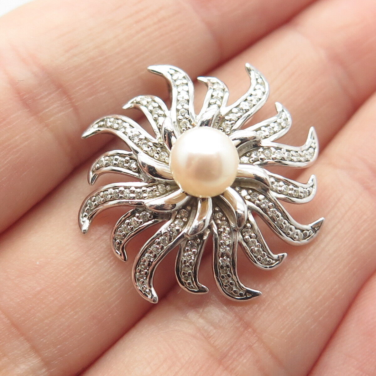 950 Sterling Silver Vintage Real Pearl & C Z Sun Slide Pendant