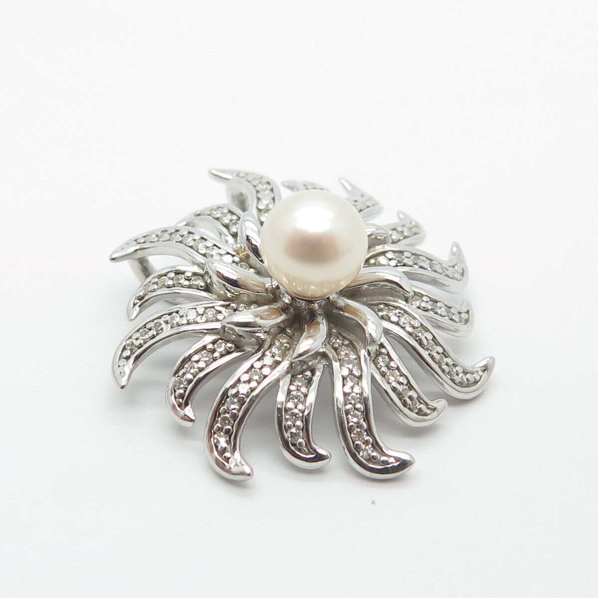 950 Sterling Silver Vintage Real Pearl & C Z Sun Slide Pendant