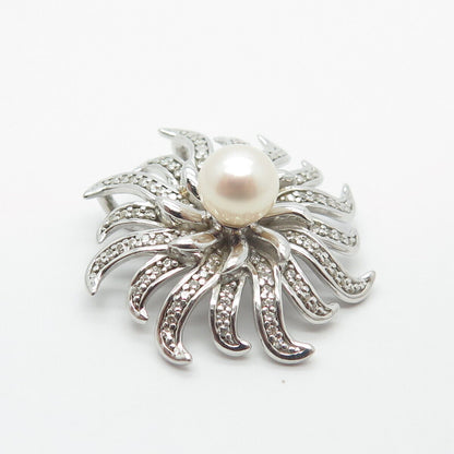 950 Sterling Silver Vintage Real Pearl & C Z Sun Slide Pendant