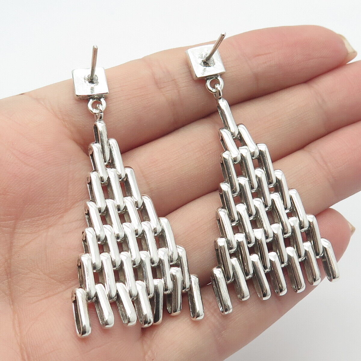 925 Sterling Silver Vintage Graduated Modernist Dangling Earrings