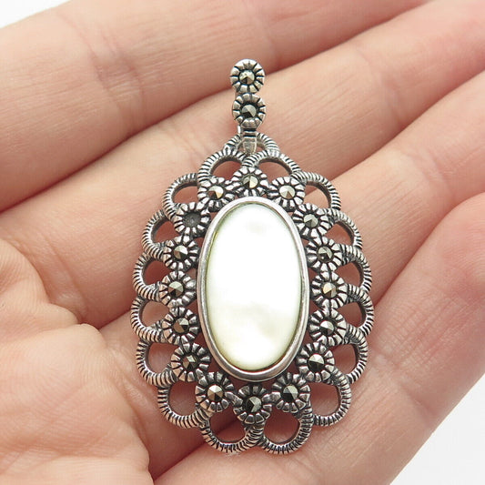 925 Sterling Silver Vintage Real Mother-of-Pearl & Marcasite Gemstone Pendant