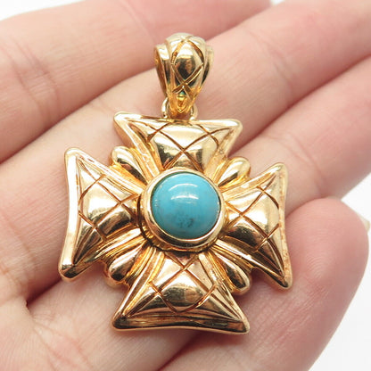 925 Sterling Silver Gold Plated Vintage Italy Real Turquoise Gem Cross Pendant