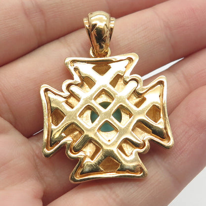 925 Sterling Silver Gold Plated Vintage Italy Real Turquoise Gem Cross Pendant