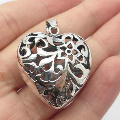 925 Sterling Silver Vintage Puffy Floral Heart Pendant