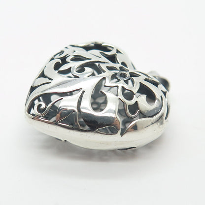 925 Sterling Silver Vintage Puffy Floral Heart Pendant