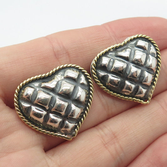 925 Sterling Silver 2-Tone Vintage Mexico Laton Heart Earrings