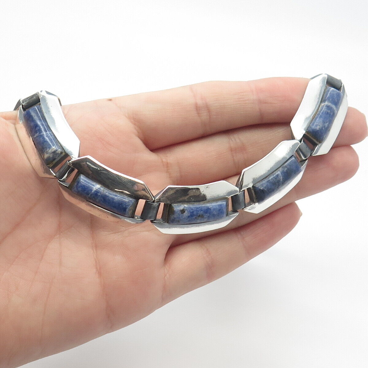 950 Silver Vintage Mexico Real Sodalite Gemstone Tennis Chain Necklace 18"