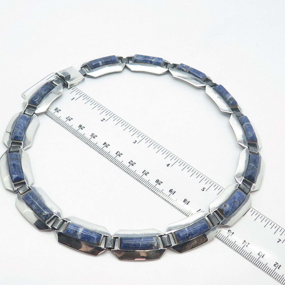 950 Silver Vintage Mexico Real Sodalite Gemstone Tennis Chain Necklace 18"