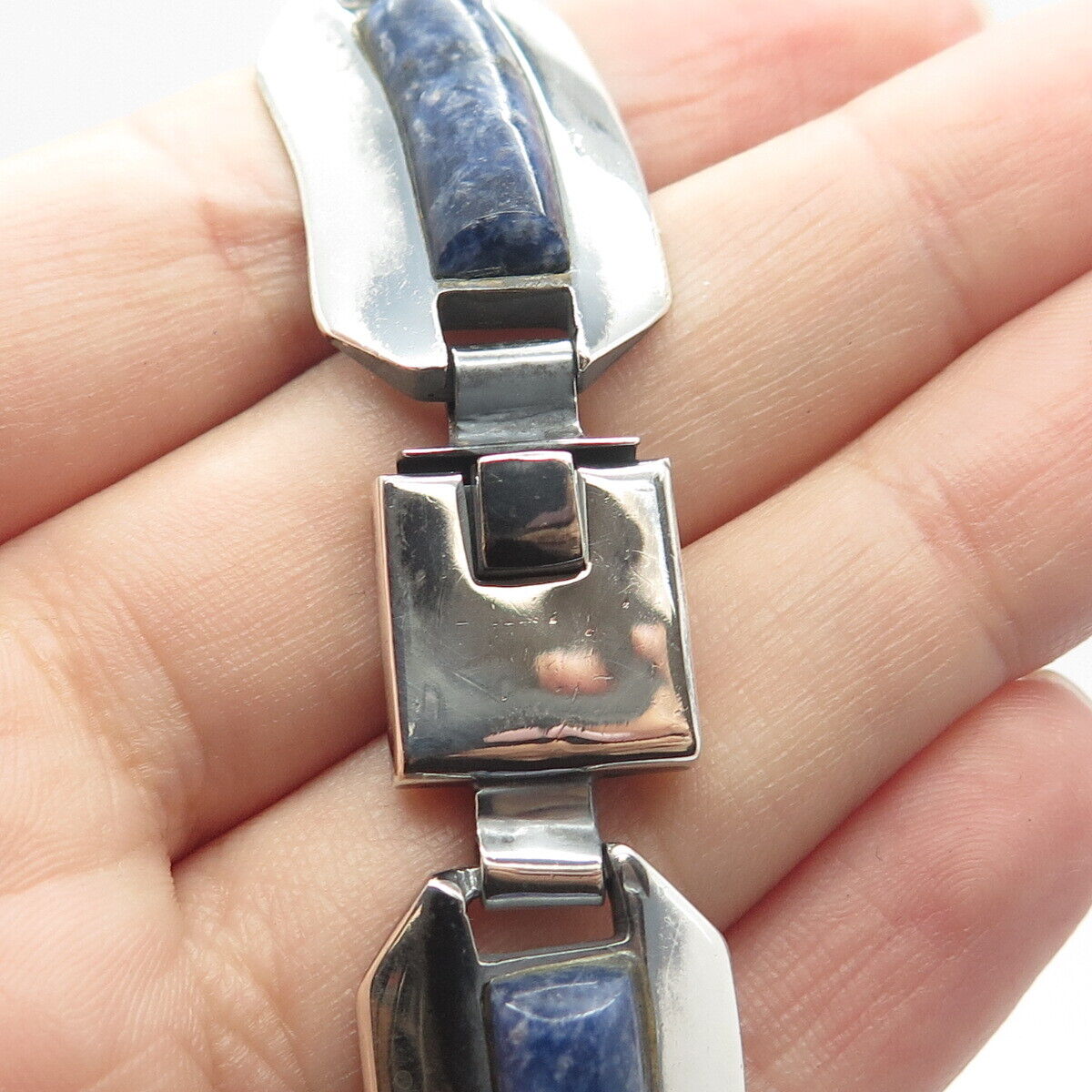 950 Silver Vintage Mexico Real Sodalite Gemstone Tennis Chain Necklace 18"