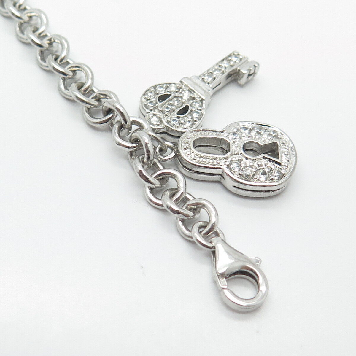 925 Sterling Silver C Z Lock & Key Rolo Link Bracelet 6.75"