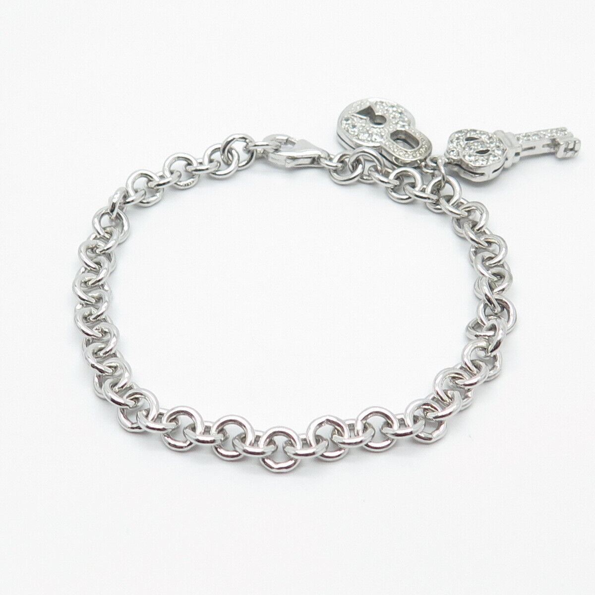 925 Sterling Silver C Z Lock & Key Rolo Link Bracelet 6.75"