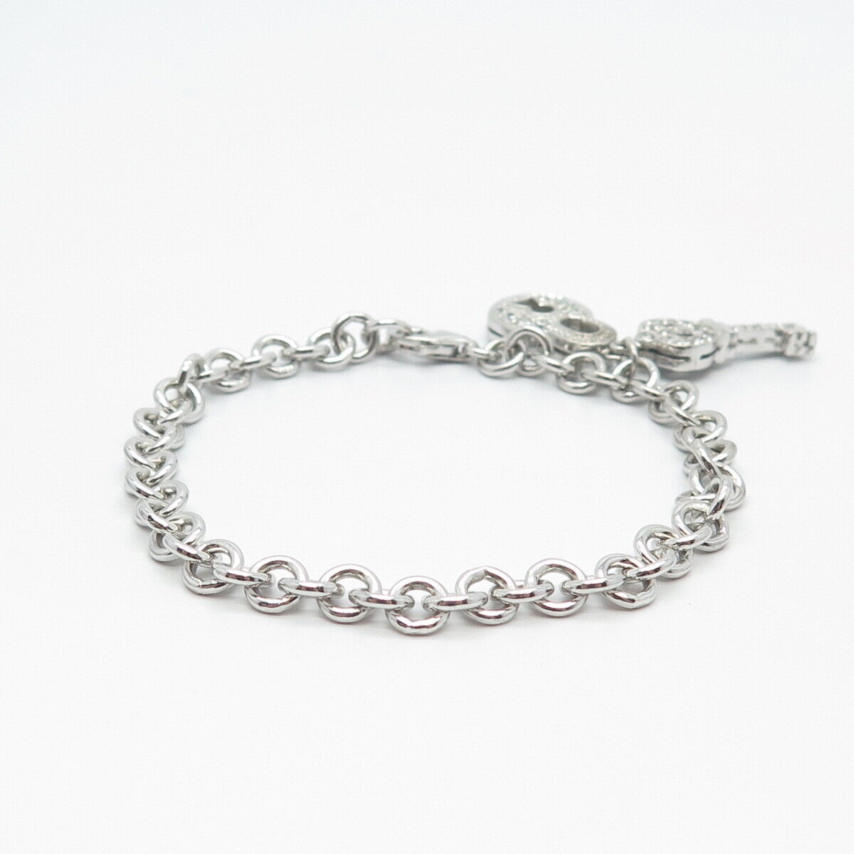 925 Sterling Silver C Z Lock & Key Rolo Link Bracelet 6.75"