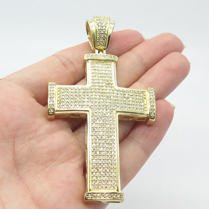 925 Sterling Silver Gold Plated REL Pave C Z Cross Pendant