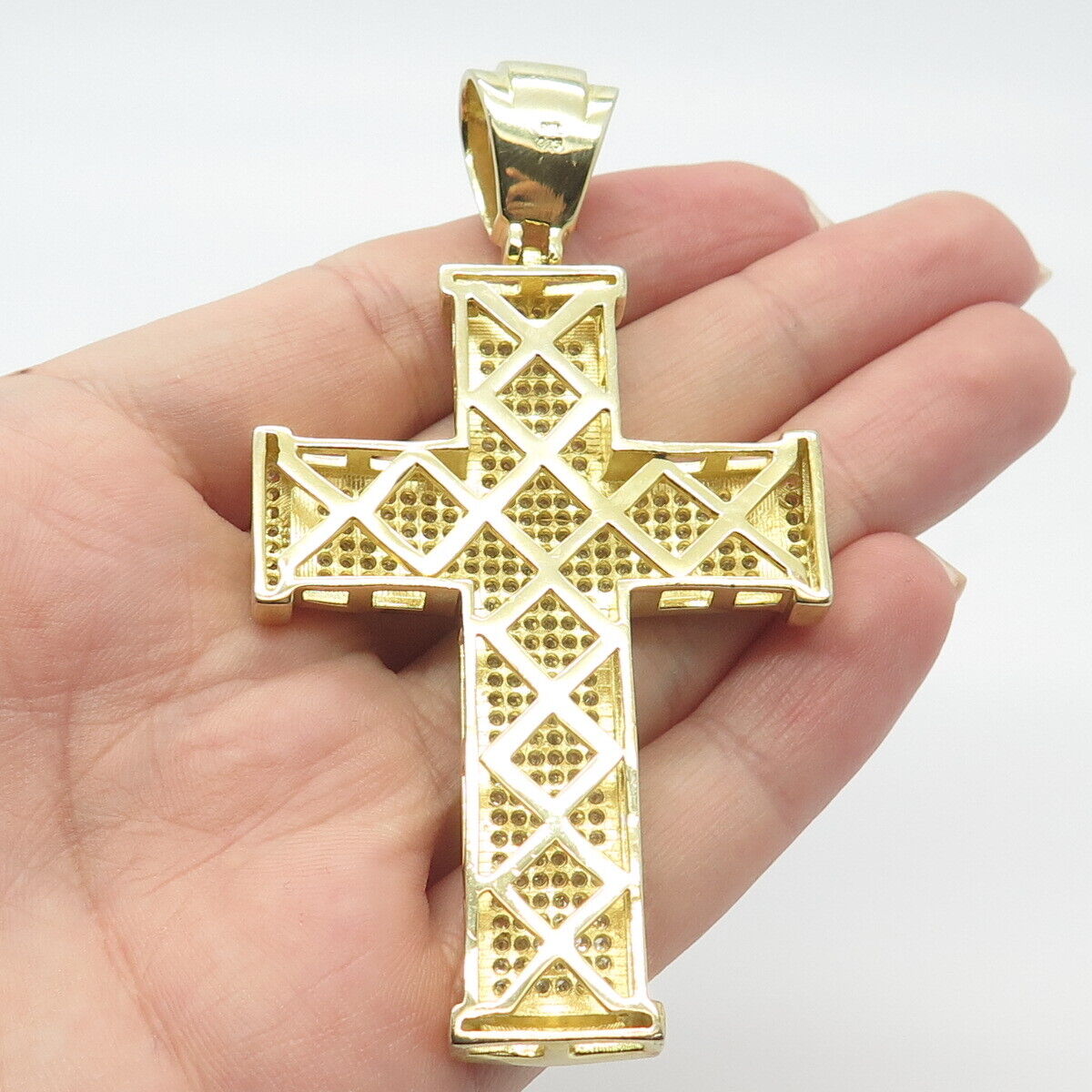 925 Sterling Silver Gold Plated REL Pave C Z Cross Pendant