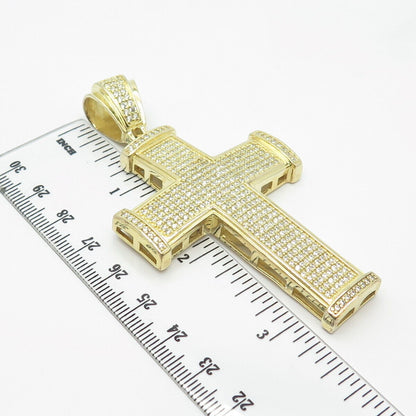 925 Sterling Silver Gold Plated REL Pave C Z Cross Pendant