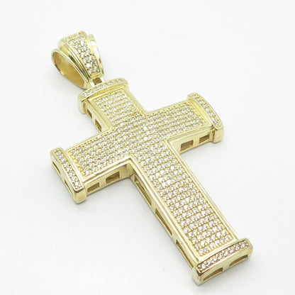 925 Sterling Silver Gold Plated REL Pave C Z Cross Pendant