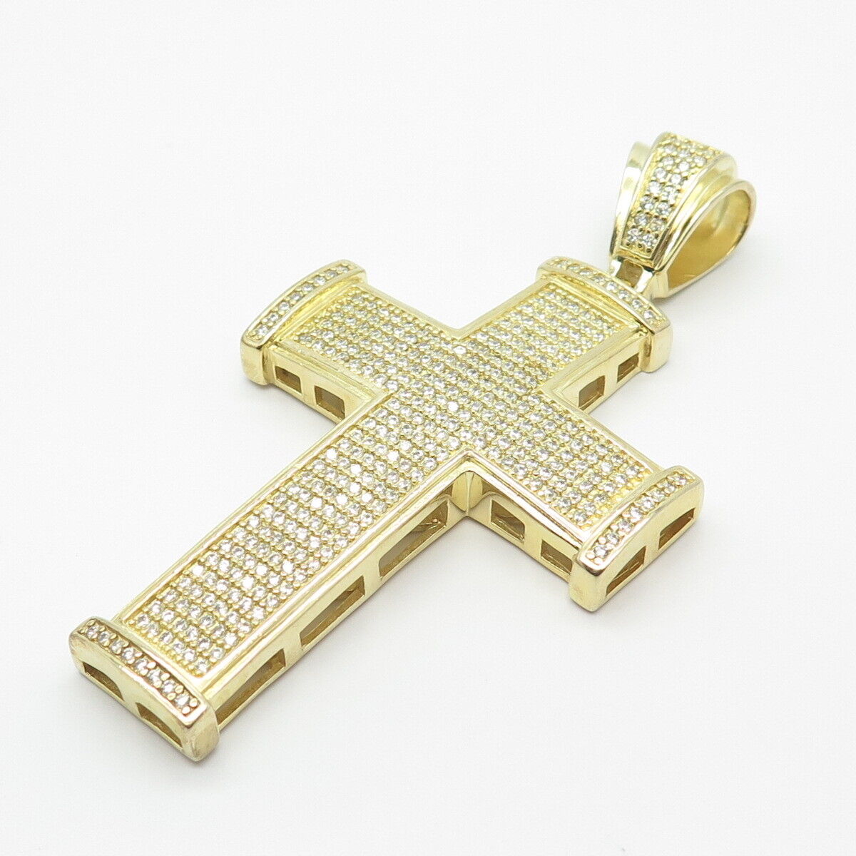 925 Sterling Silver Gold Plated REL Pave C Z Cross Pendant