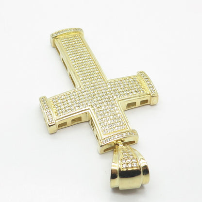 925 Sterling Silver Gold Plated REL Pave C Z Cross Pendant